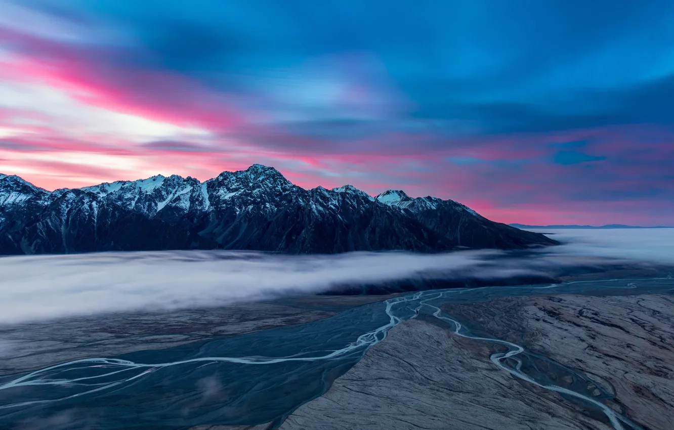 Photo wallpaper the sky, clouds, mountains, fog, morning, valley