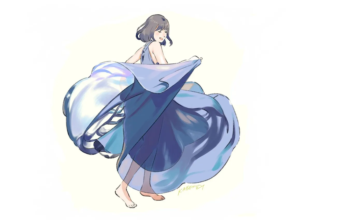 Photo wallpaper girl, joy, dance, white background, blue dress, barefoot