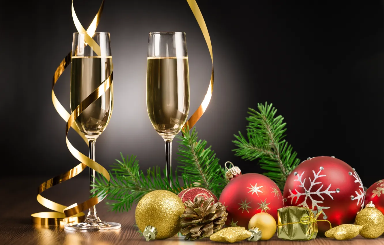Photo wallpaper balls, tree, New Year, glasses, Christmas, new year, happy, decoration, champagne