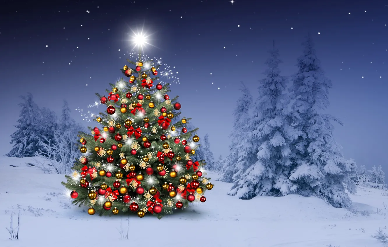 Wallpaper winter, snow, decoration, snowflakes, balls, tree, New Year ...