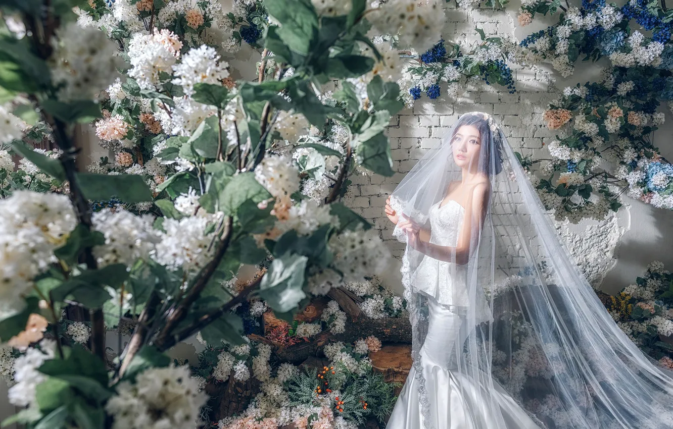 Wallpaper flowers, style, model, Asian, the bride, veil, wedding dress  images for desktop, section стиль - download