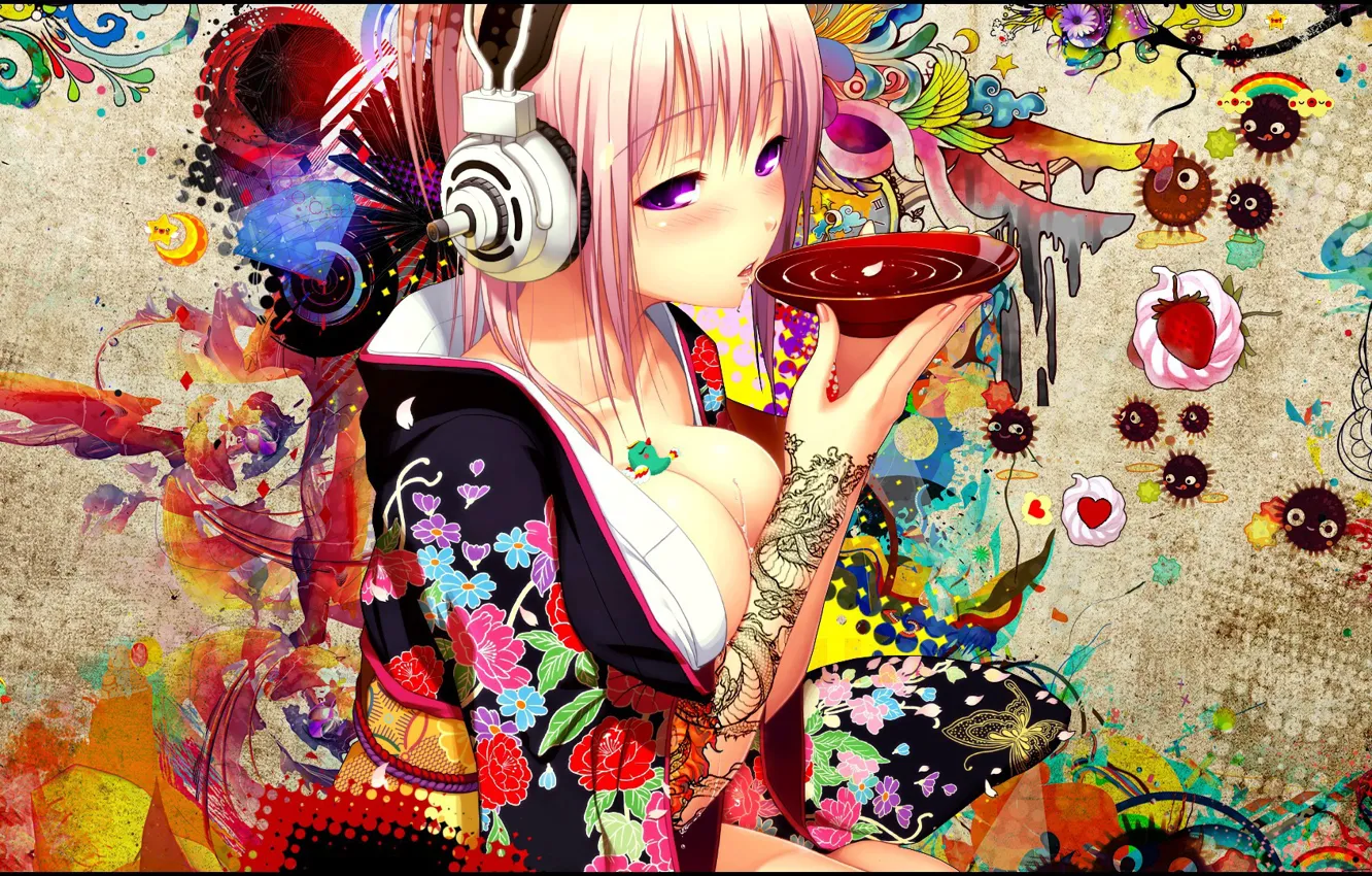 Photo wallpaper Girl, Japan, Headphone, Colors, Kimono