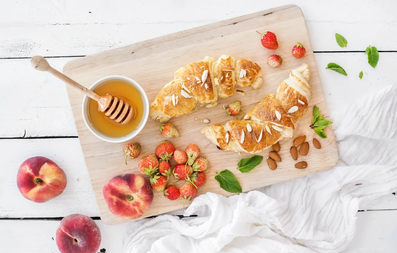 Photo wallpaper berries, Breakfast, strawberry, honey, peaches, strawberry, breakfast, croissant, growing