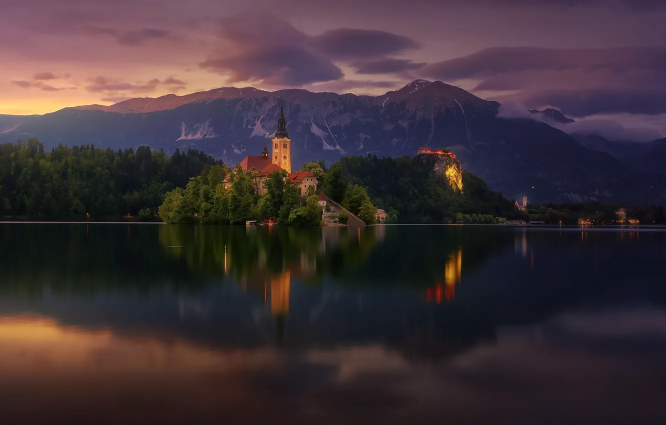 Photo wallpaper summer, clouds, mountains, lake, the evening, morning, Bled, Bled lake, Church Of The Assumption Of …