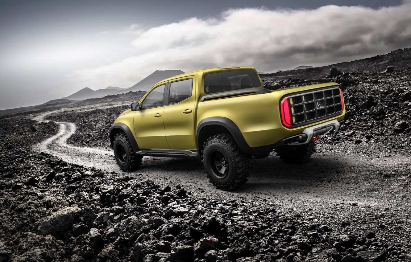 Photo wallpaper road, the sky, mountains, stones, yellow, Mercedes-Benz, pickup, X-Class Concept