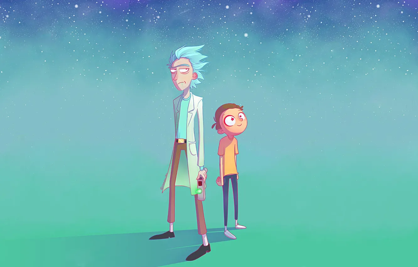 Photo wallpaper eyes, space, stars, yellow, jeans, hairstyle, space, madness, scientist, Rick, Rick and Morty, Rick, Morty, …