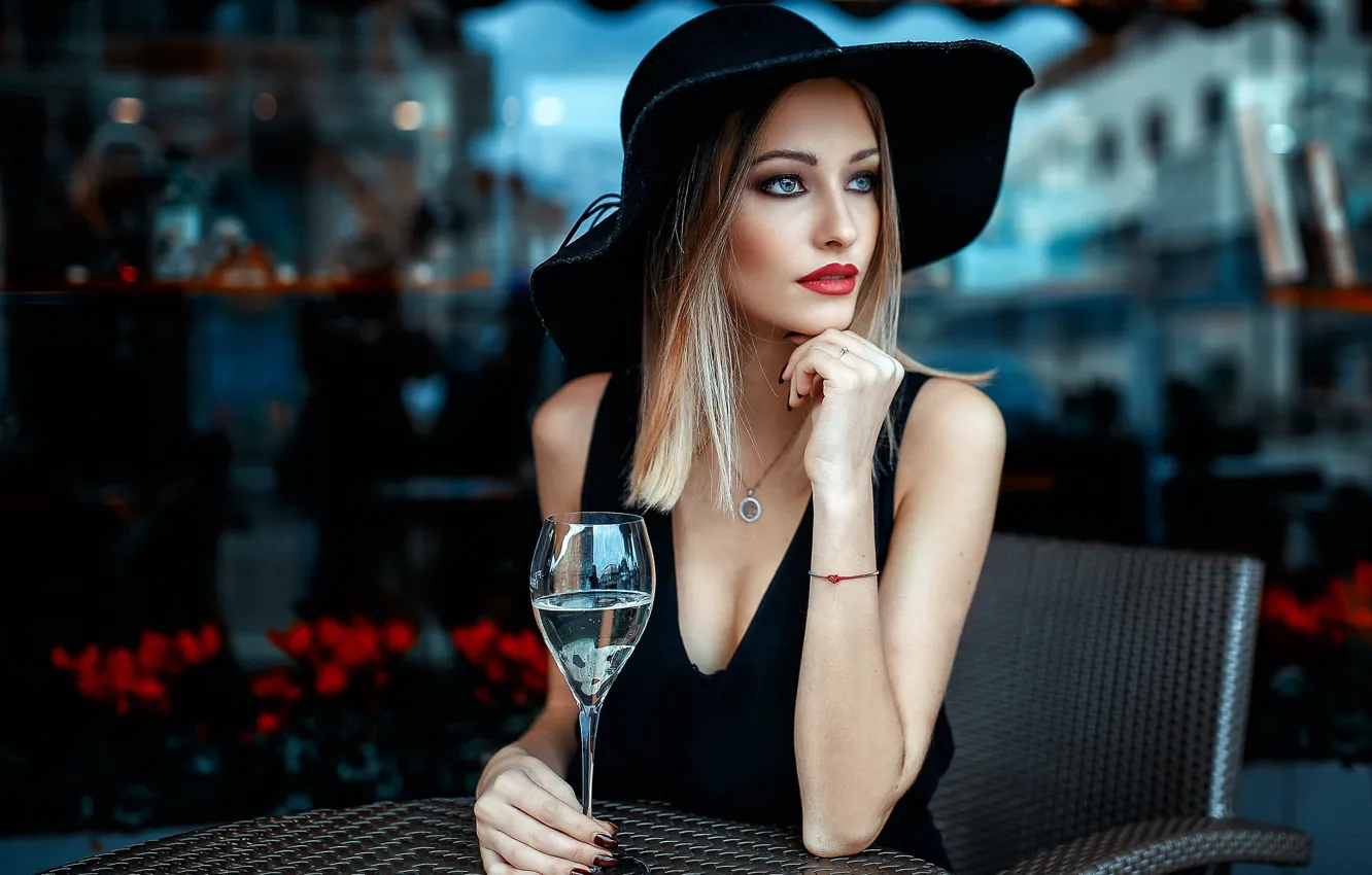 Photo wallpaper decoration, glass, portrait, hat, makeup, dress, hairstyle, blonde, beauty, sitting, in black, bokeh, sexy, manicure, …