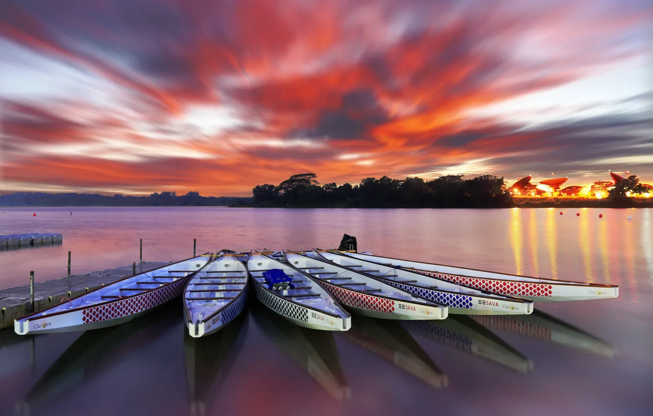 Photo wallpaper sunset, boats, pier