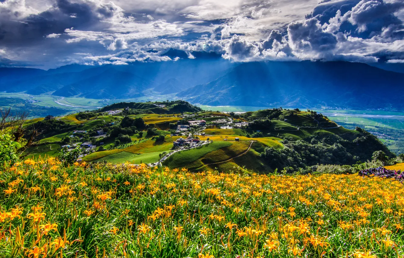 Photo wallpaper clouds, flowers, mountains, China, village, panorama, China, Taiwan, Taiwan, mountain lilies, Hualien County, Fuli, the …