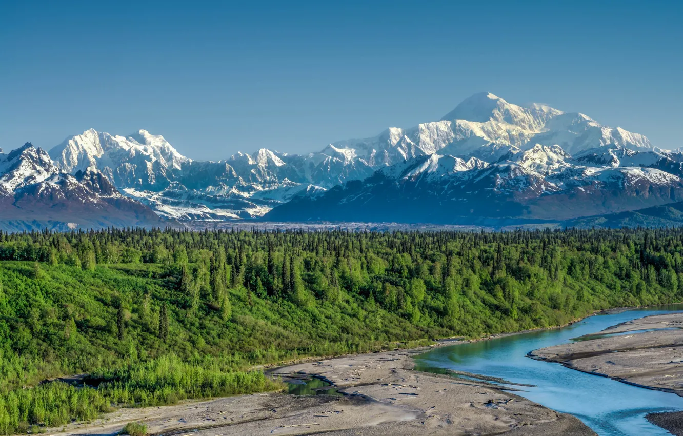 Photo wallpaper forest, mountains, river, Alaska, Alaska, Denali National Park, Alaska range, Denali national Park, Alaska Range, …