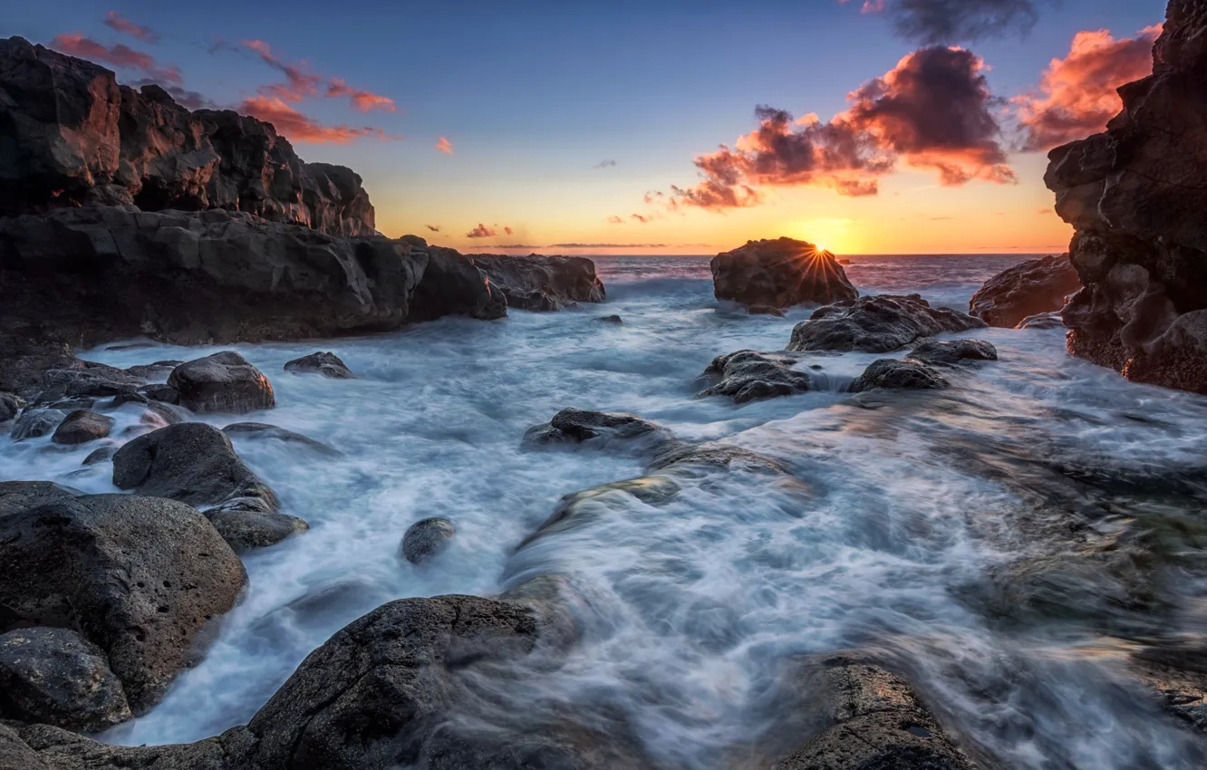 Photo wallpaper sea, wave, sunset, stones, rocks, island, surf, The Iron