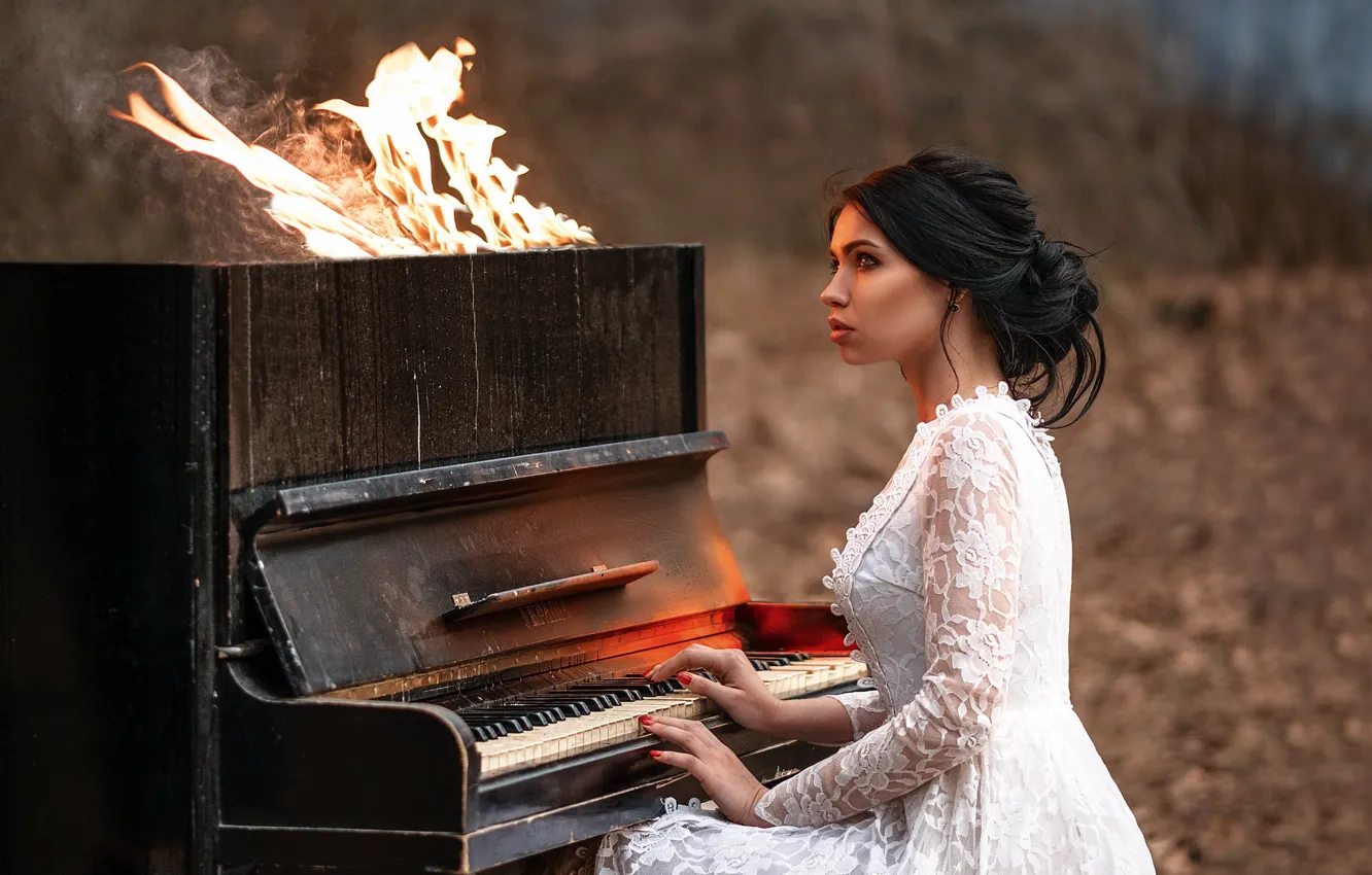 Wallpaper girl, music, fire, piano images for desktop, section настроения -  download