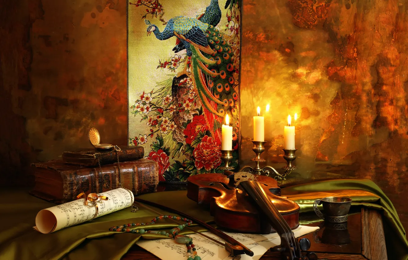 Photo wallpaper notes, violin, watch, candles, book