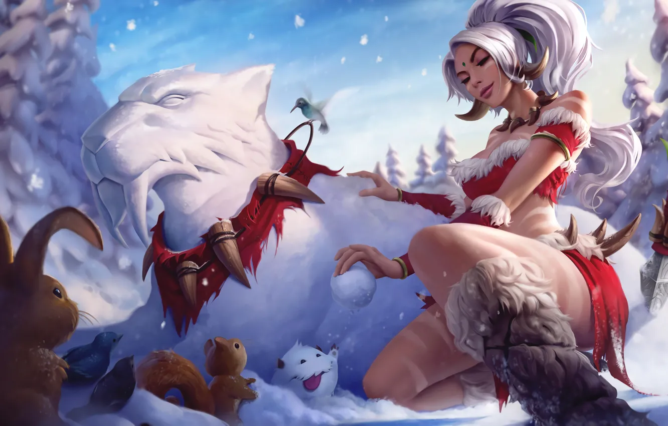 Photo wallpaper holiday, the game, new year, League of Legends, snow, Nidalee, snow Puma, Snow Bunny Nidalee