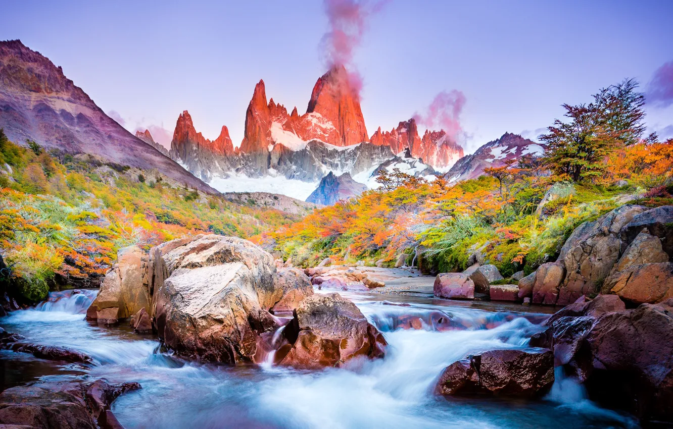 Photo wallpaper autumn, trees, mountains, river, stones, paint, stream, spring, South America