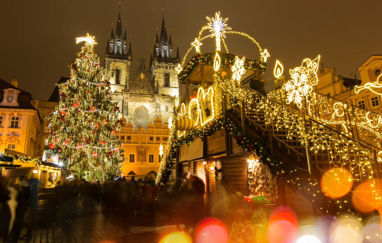 Photo wallpaper decoration, city, the city, lights, street, toys, tree, New Year, Prague, Czech Republic, Christmas, house, …