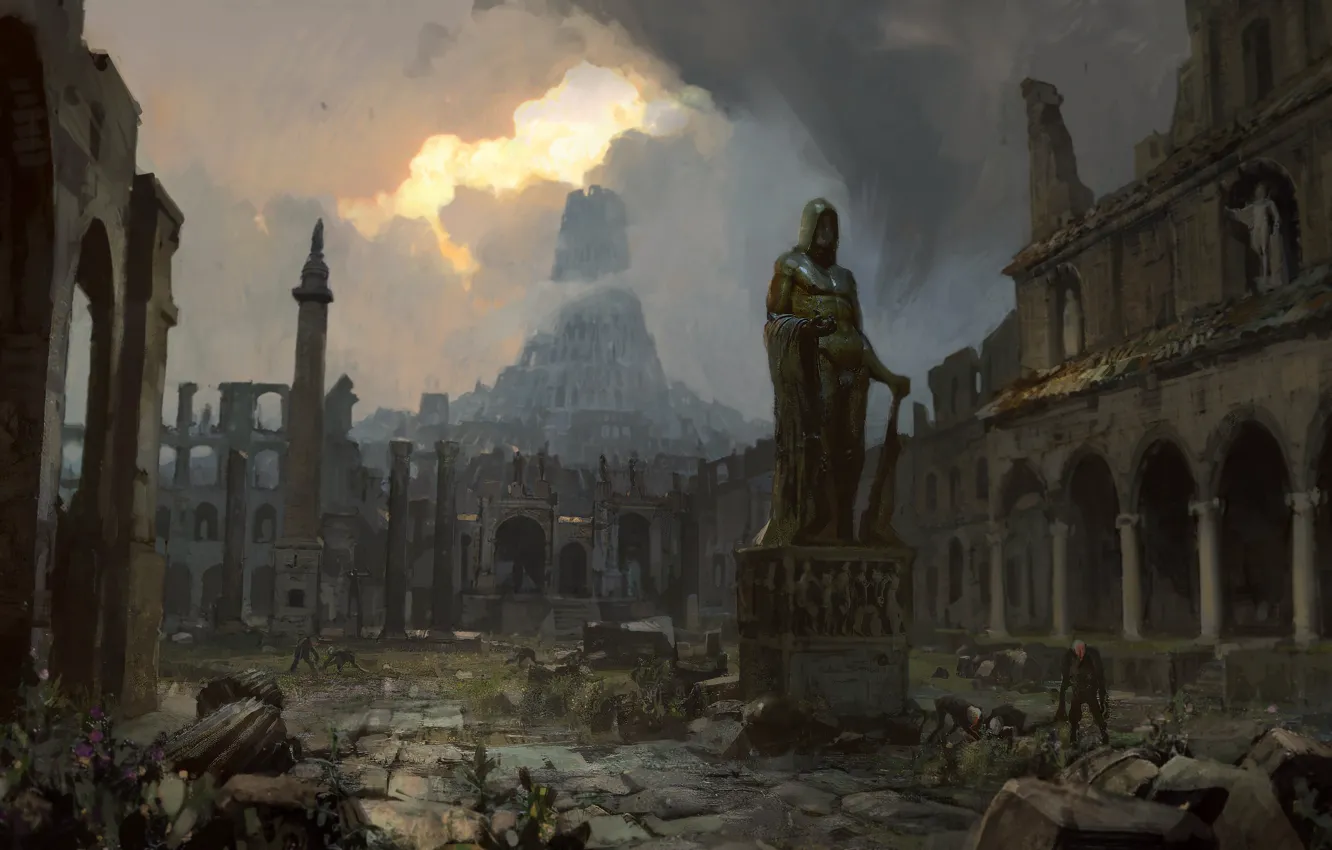 Wallpaper Grass Flowers Clouds Tower Monsters Monument Columns Statue Ruins Path Of Exile Images For Desktop Section Igry Download