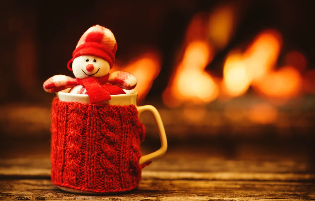 Photo wallpaper New Year, Christmas, Cup, snowman, fireplace, Christmas, cup, Merry Christmas, Xmas, cocoa, snowman, fireplace, holiday …