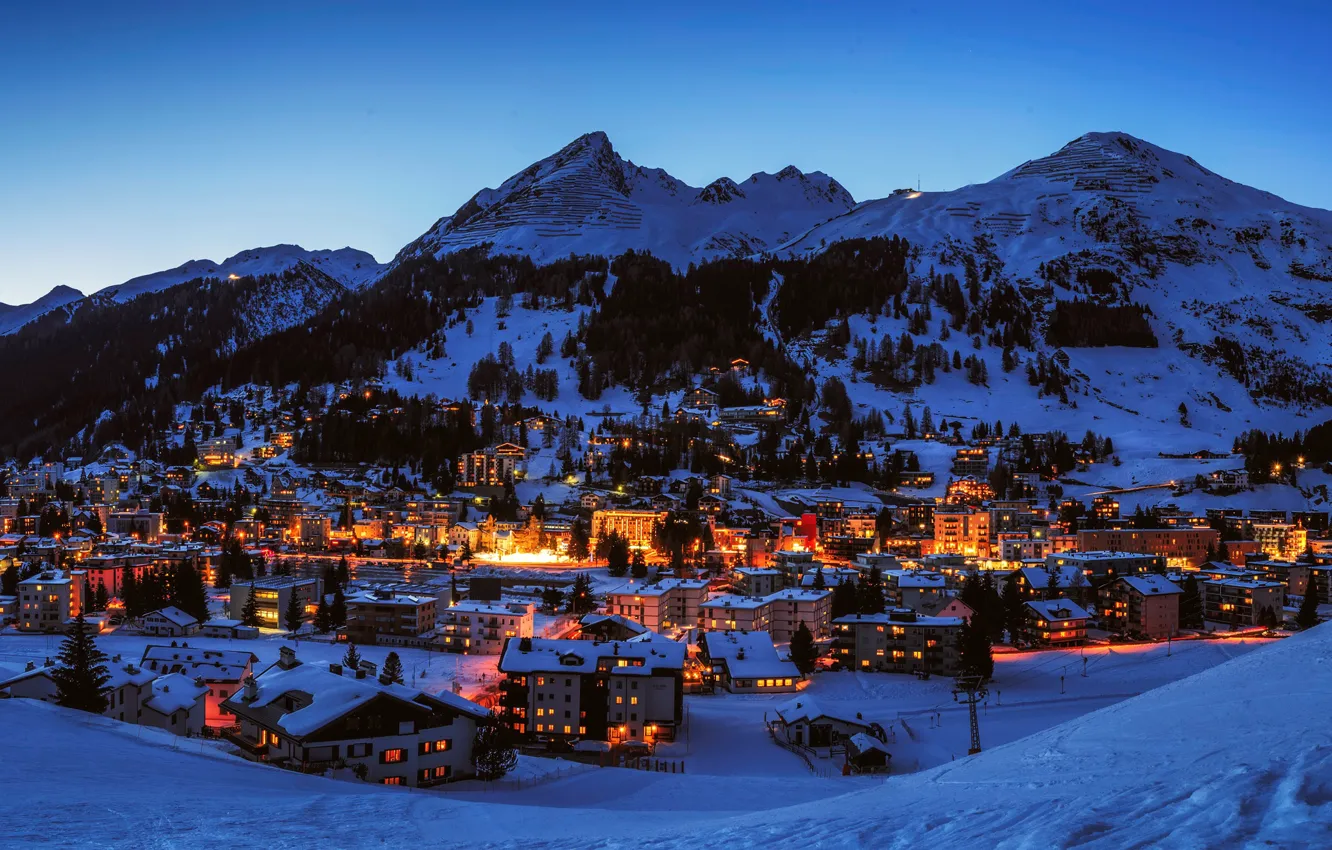 Wallpaper winter, the sky, snow, trees, mountains, lights, home, the  evening, Switzerland, town, Davos images for desktop, section пейзажи -  download