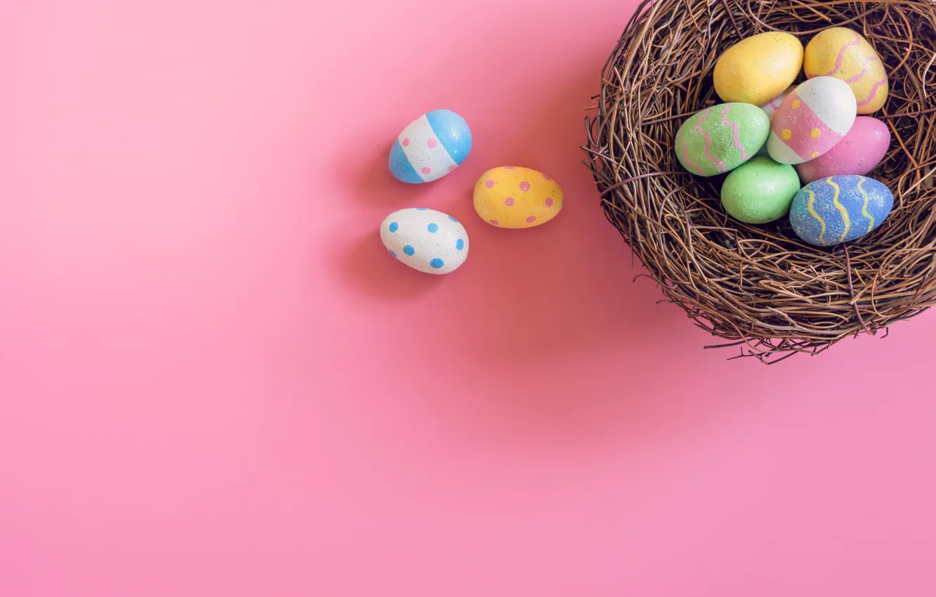 Photo wallpaper basket, eggs, spring, colorful, Easter, wood, pink, spring, Easter, eggs, decoration, Happy, tender