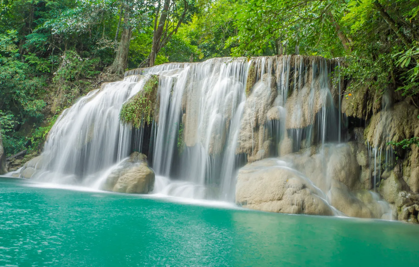 Photo wallpaper forest, landscape, river, rocks, waterfall, summer, Thailand, forest, tropical, river, landscape, beautiful, waterfall, tropical