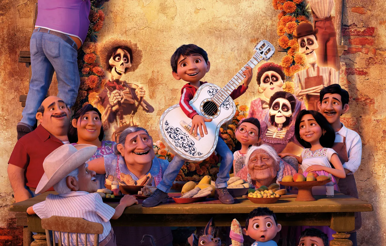 Wallpaper table, people, cartoon, guitar, boy, fantasy, Disney, feast,  skeletons, PIXAR, Coco, The Mystery Of Coco, Miguel images for desktop,  section фильмы - download