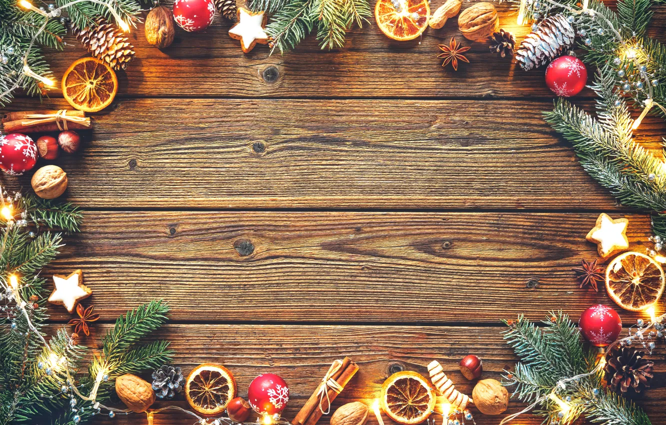 Photo wallpaper balls, tree, orange, cookies, Christmas, New year, garland, bumps, hazelnuts, star anise, walnuts, cinnamon sticks, …