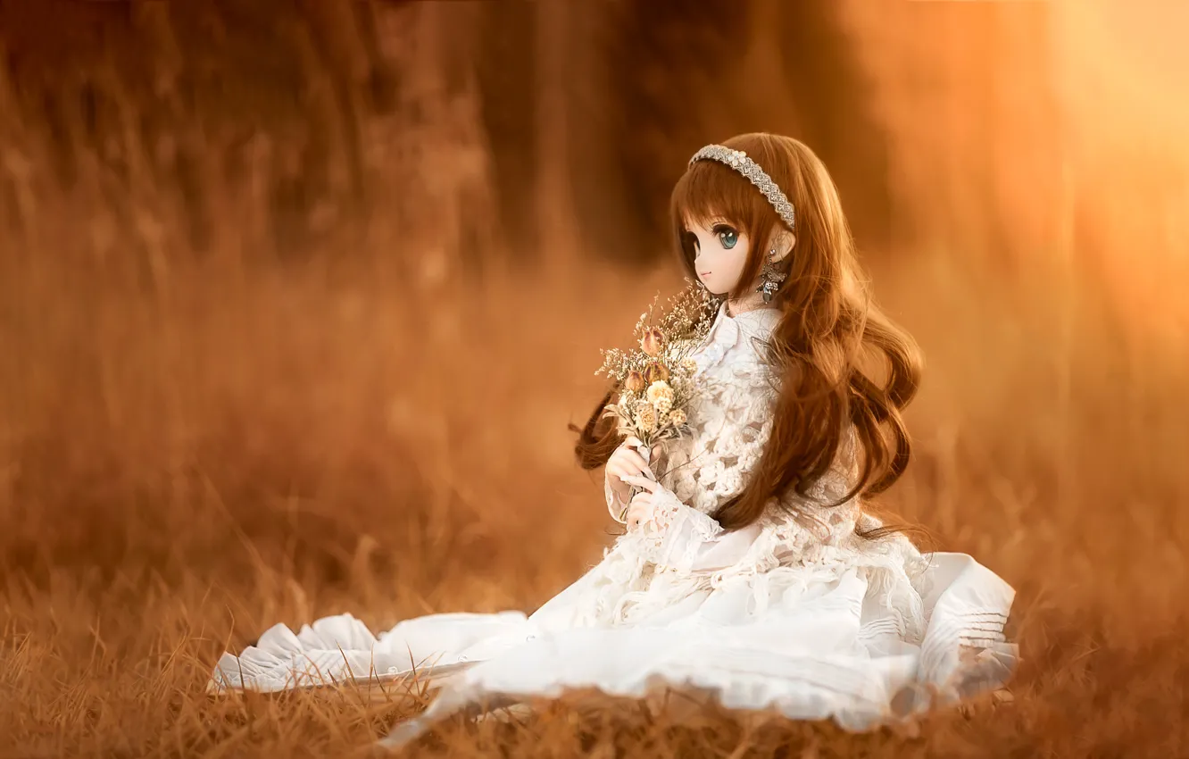 Photo wallpaper flowers, background, mood, toy, doll, bokeh