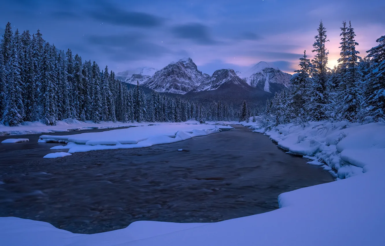 Photo wallpaper winter, forest, snow, mountains, river, ate, Canada, Albert, Alberta, Canada, Canadian Rockies, Canadian Rockies