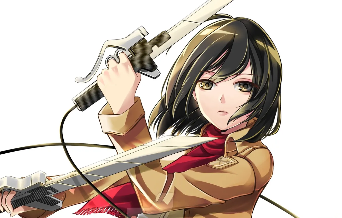 Photo wallpaper look, white background, swords, art, military uniform, Shingeki no Kyojin, Mikasa Ackerman, red scarf, The …