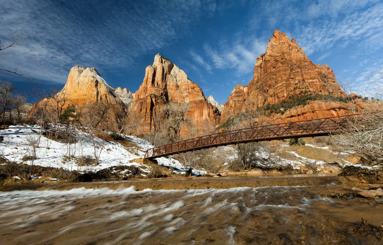 Photo wallpaper mountains, bridge, river