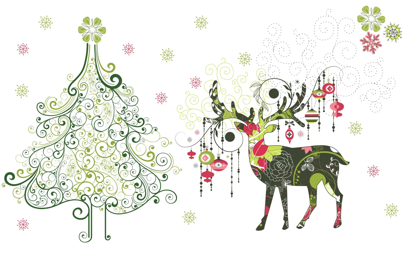 Photo wallpaper snowflakes, holiday, toys, minimalism, vector, deer, art, New year, herringbone