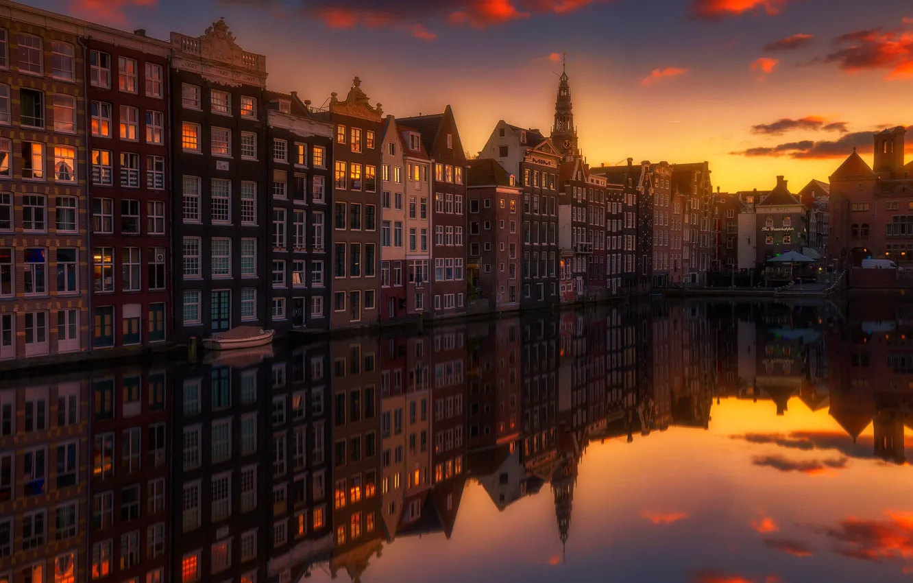 Photo wallpaper light, reflection, sunset, the city, home, the evening, channel
