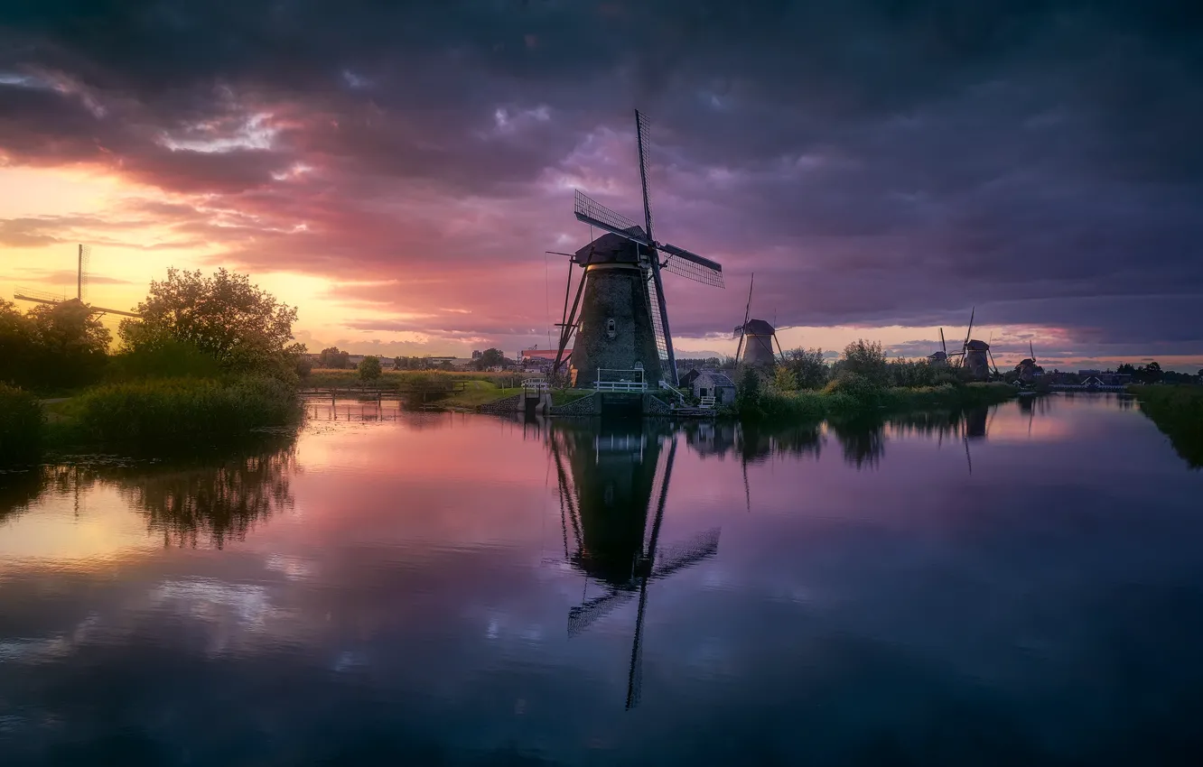 Photo wallpaper river, the evening, channel, Netherlands, windmills