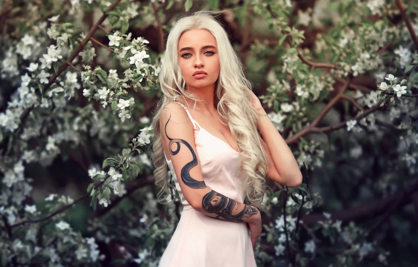 Photo wallpaper girl, long hair, dress, flowers, beauty, tattoo, blonde, posing, close up