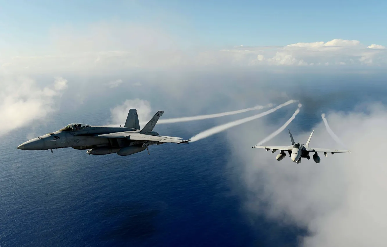 Photo wallpaper sky, aircraft, sea, weapon, wings, clouds, fly, couple, Super Hornet, plane, jet, F/A-18F Super Hornet, …