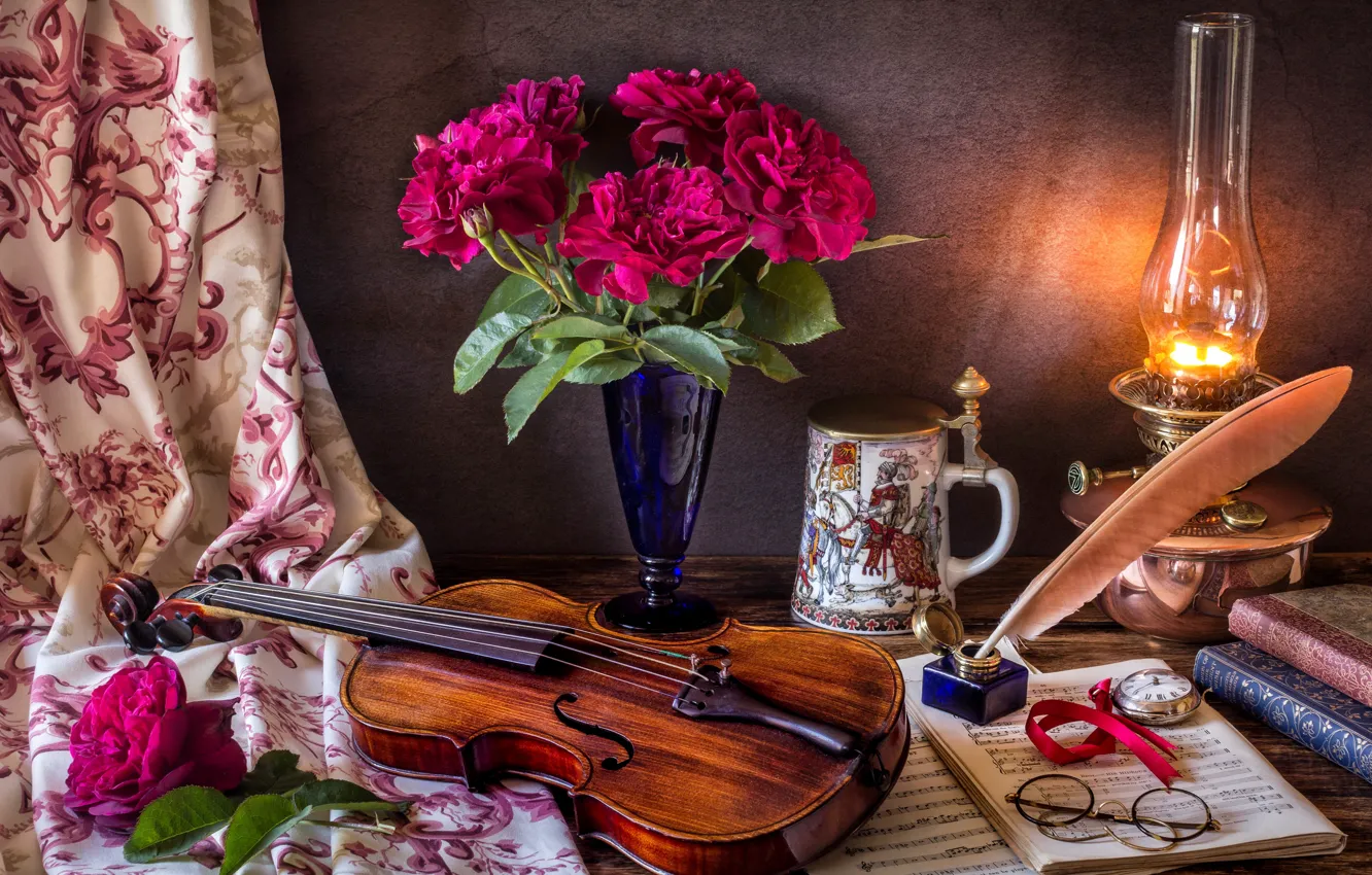 Photo wallpaper flowers, style, notes, pen, violin, watch, books, lamp, roses, bouquet, glasses, mug