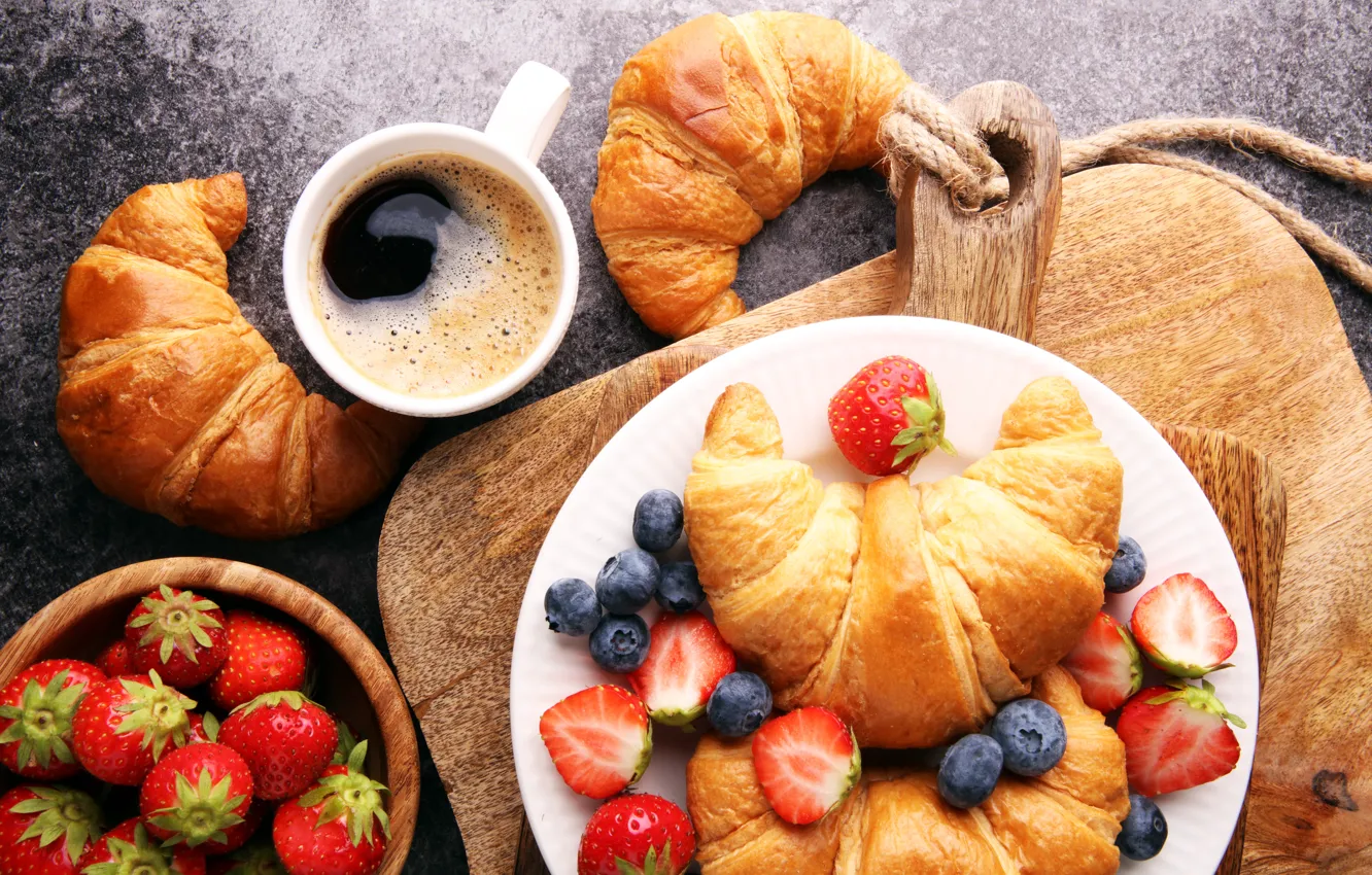 Photo wallpaper berries, coffee, Breakfast, strawberry, coffee cup, strawberry, breakfast, croissant, growing