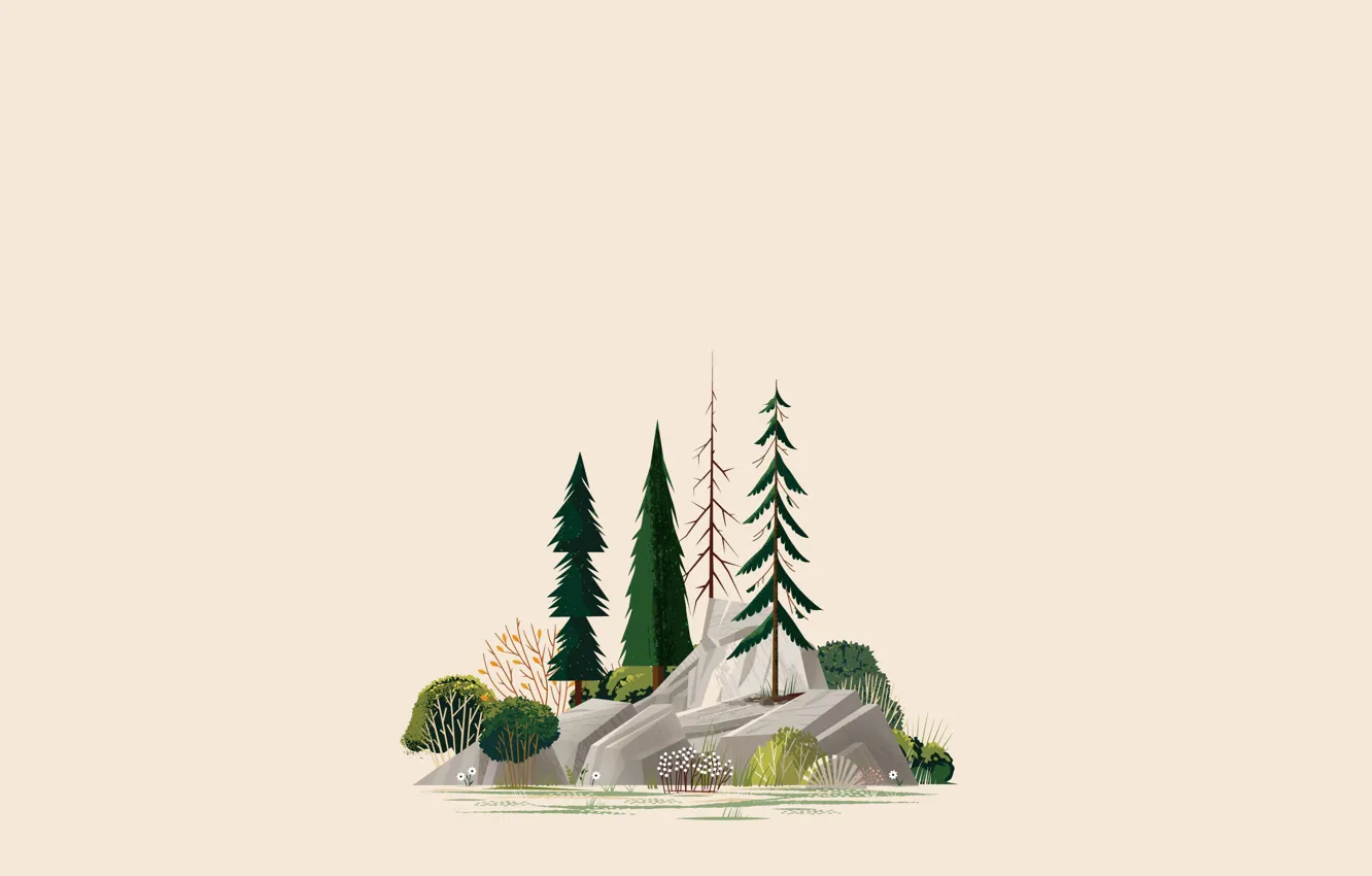 Wallpaper rock, trees, minimalism, illustration, Forest, simple background  images for desktop, section минимализм - download