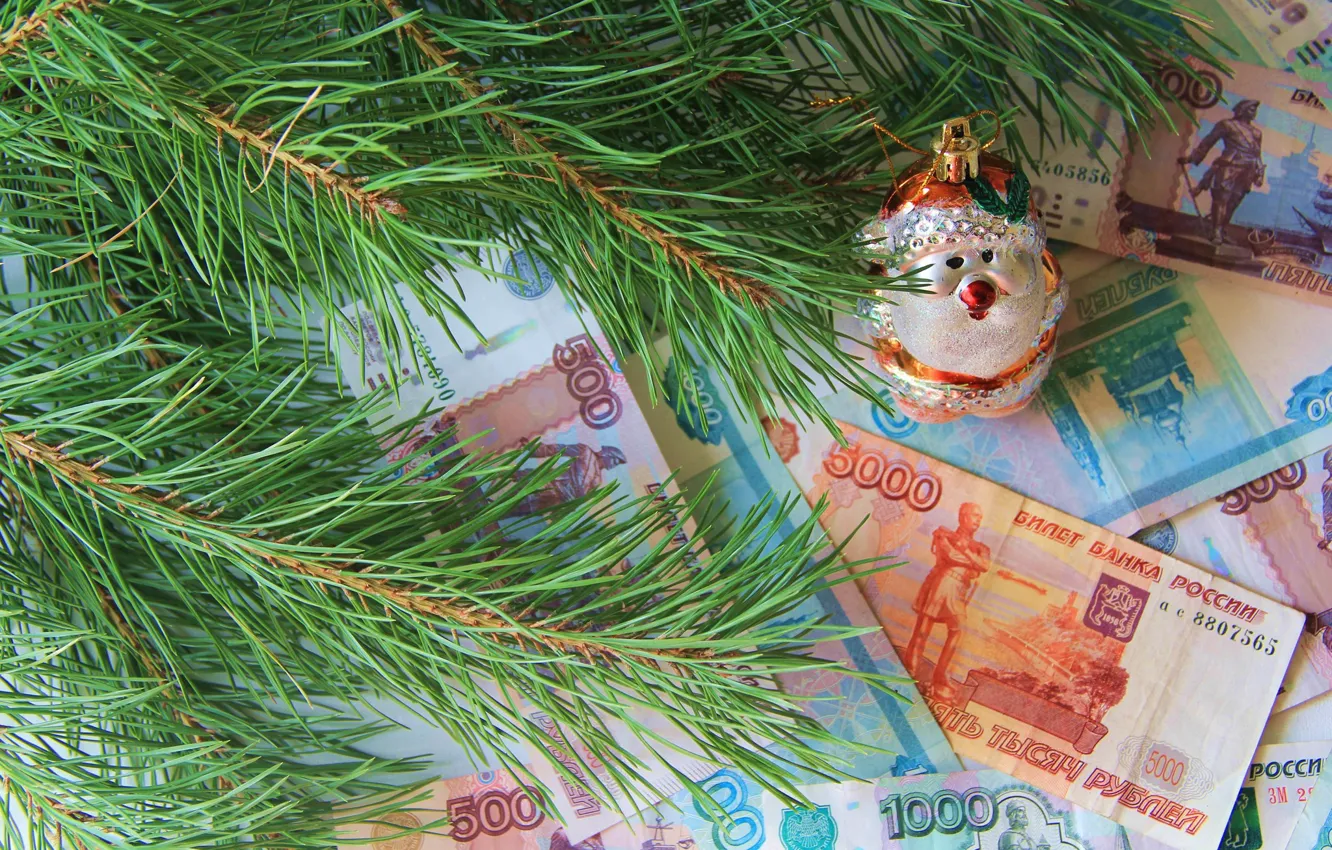 Photo wallpaper branches, toy, money, spruce, rubles
