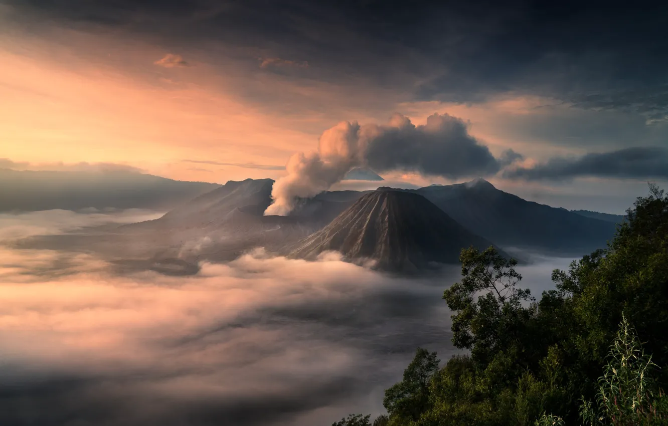 Photo wallpaper light, fog, ash, smoke, island, morning, Indonesia, Bromo, Java, the island of Java, active volcano, …