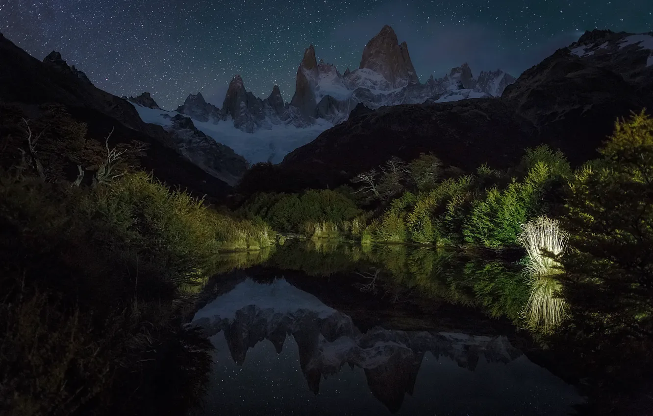 Photo wallpaper the sky, stars, light, reflection, mountains, night, lake, Patagonia