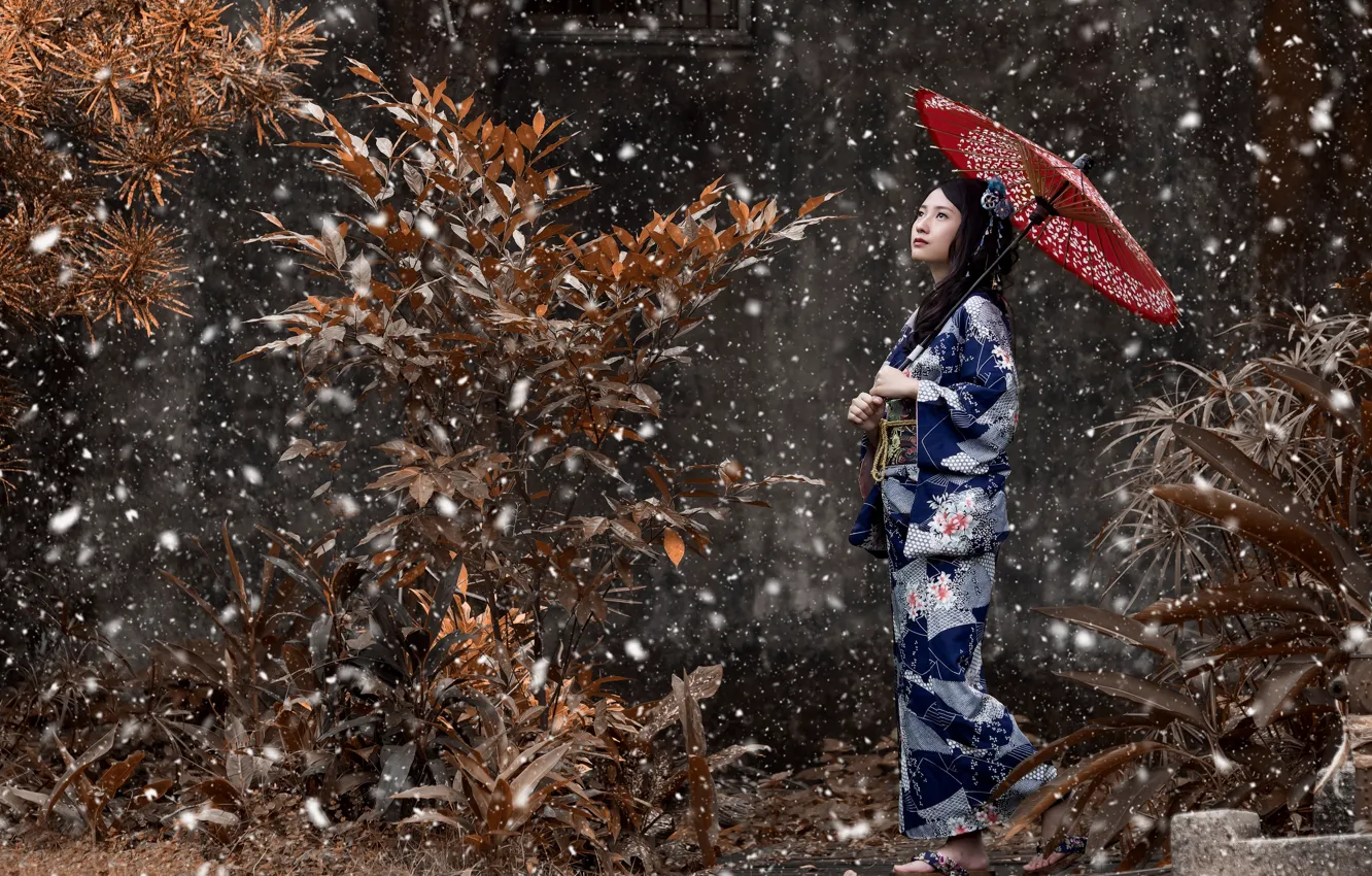 Photo wallpaper girl, snow, umbrella, mood, Japanese, kimono, Asian