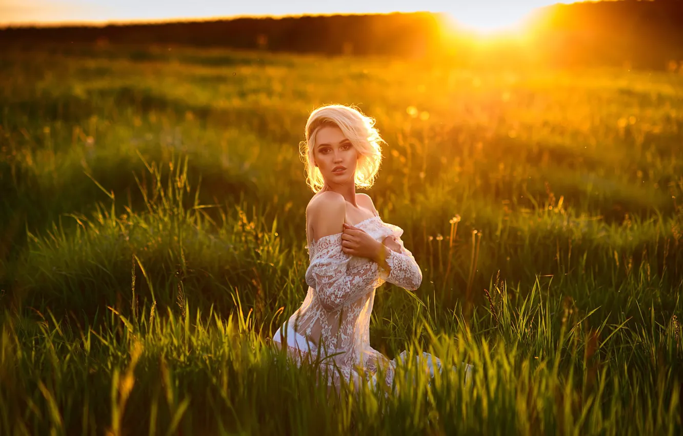 Wallpaper girl, sunset, pose, meadow, Katerina Petrova images for desktop,  section девушки - download