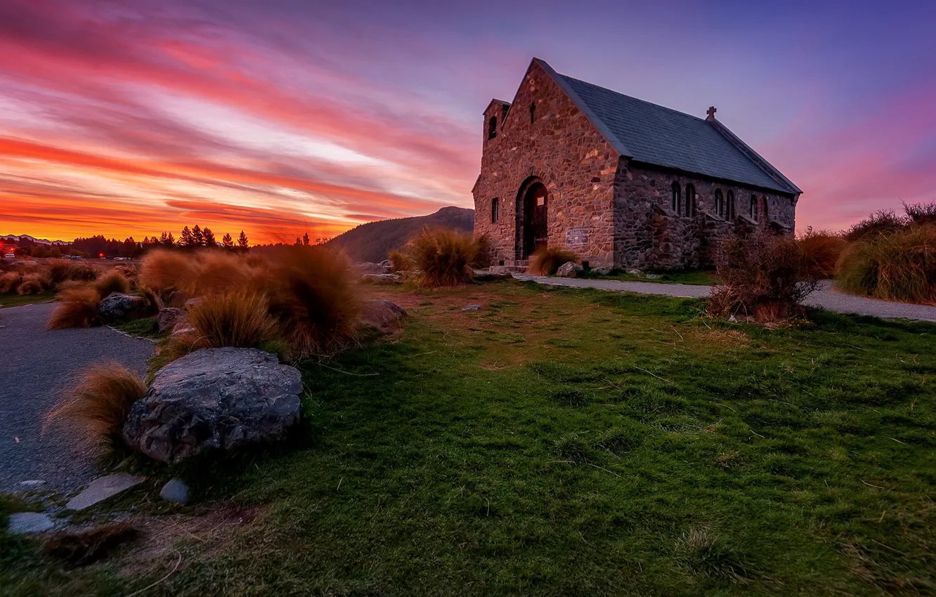 Wallpaper sunset, Church, New Zealand, Lake Tekapo, Canterbury, Church of  the Good Shepherd images for desktop, section пейзажи - download