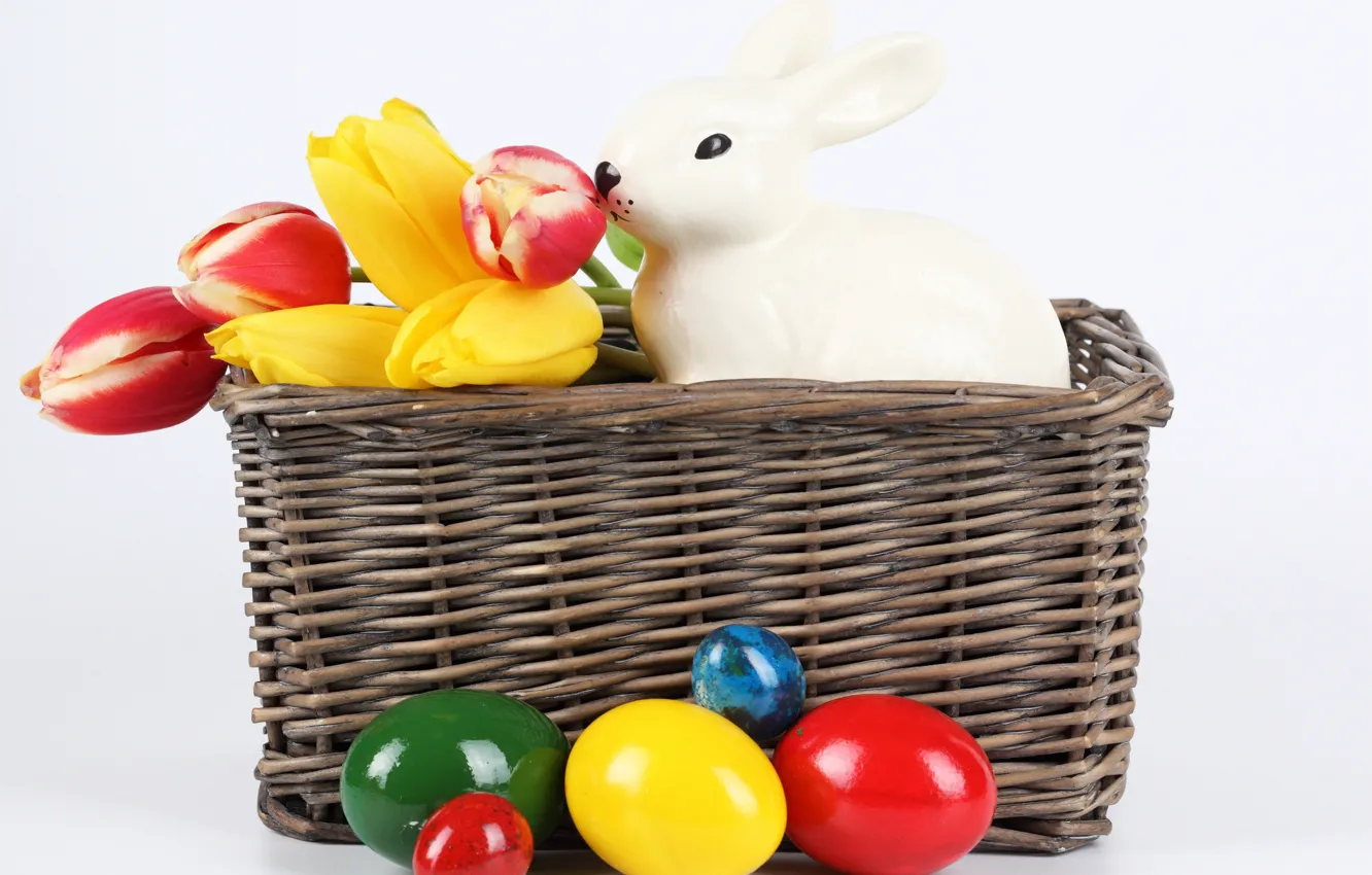 Photo wallpaper flowers, eggs, spring, rabbit, Easter, tulips, spring, Easter, painted, basket, Holidays, Tulips, Rabbits