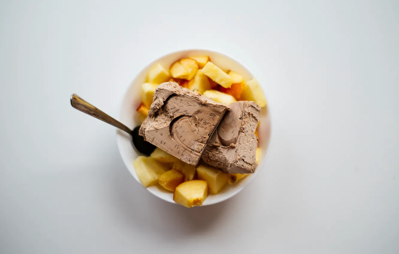 Photo wallpaper spoon, ice cream, fruit, peach, dessert, chocolate