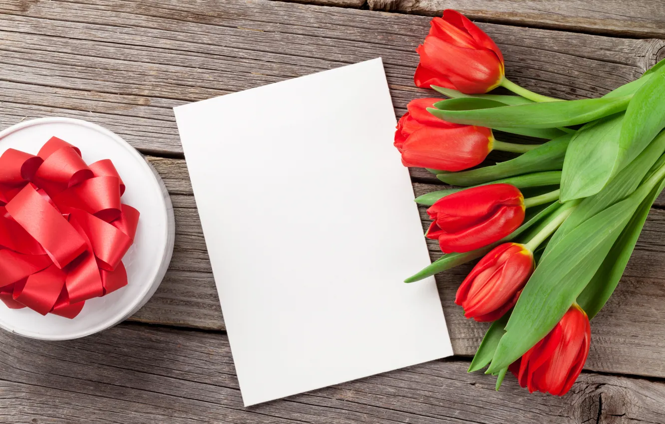 Photo wallpaper love, flowers, bouquet, tulips, red, love, wood, flowers, romantic, tulips, Valentine's Day, gift