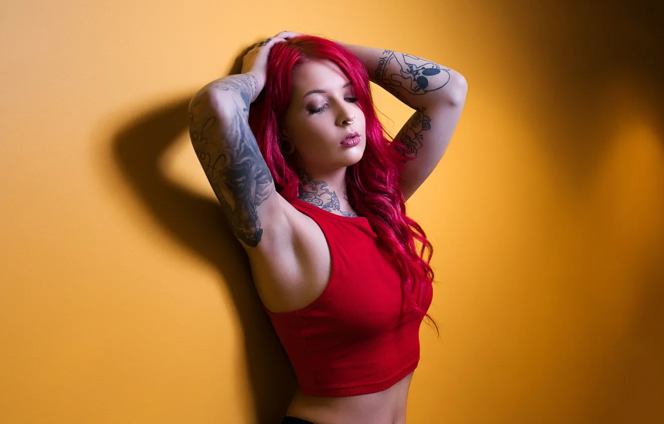 Photo wallpaper pose, background, wall, portrait, hands, tattoo, top, curls, Riina, crimson hair