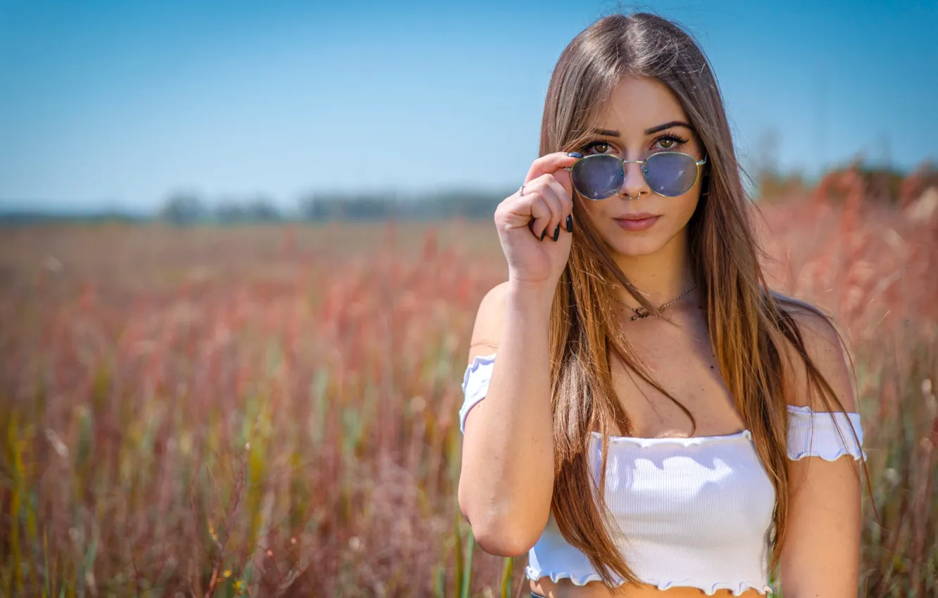 Photo wallpaper field, the sky, grass, the sun, nature, pose, model, portrait, makeup, piercing, glasses, hairstyle, brown …